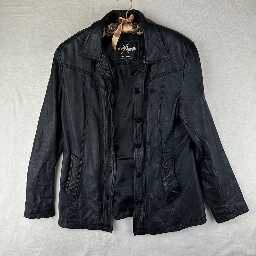 Wilsons Leather Jacket Womens Blazer Maxima L Black Button Leather VTG Matrix